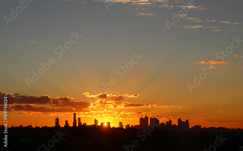 Melbourne city skyline sunset