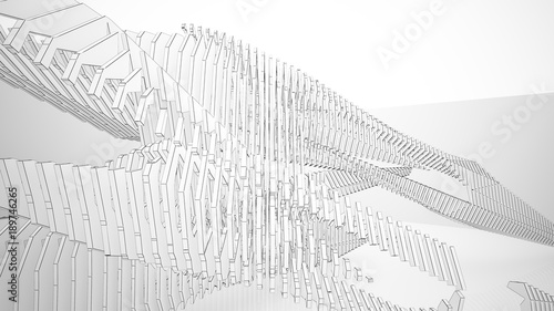 Abstract drawing white parametric interior with window. Polygon black drawing. 3D illustration and rendering.