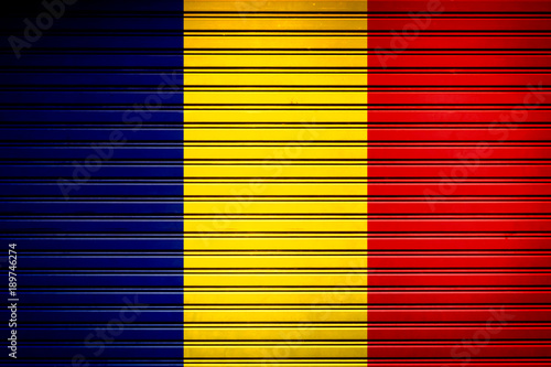 Romania Eastern Europe Flag sign in iron garage door texture, flag background