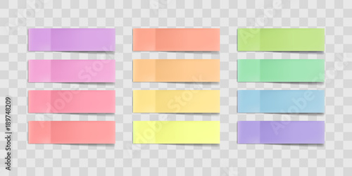 Vector colorful sticky notes, post stickers with shadows isolated on a transparent background. Multicolor paper adhesive tape, rectangle empty office blanks, reminder lists. Great for banner photo
