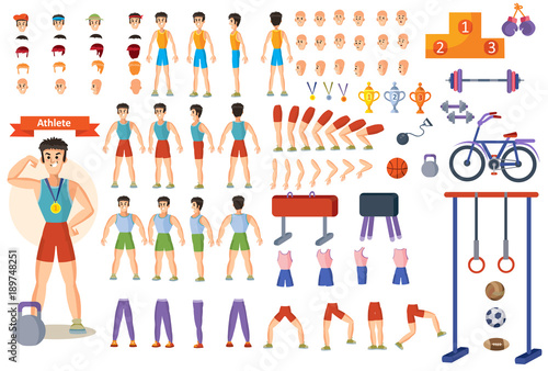Man athlete vector constructor of cartoon character and gym equipment or training poses creation. Isolated constriction icons of body parts and exercise gestures, sportsman face and fitness weights