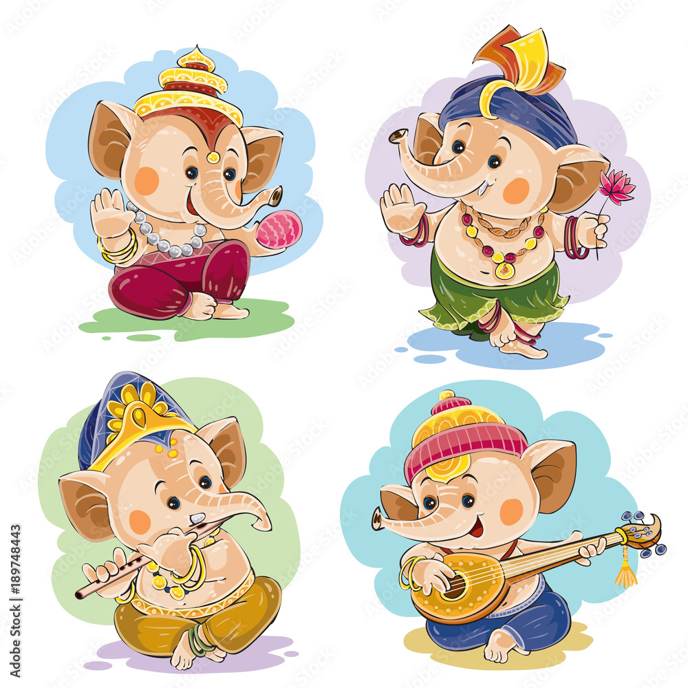 Vector cartoon illustration of little baby Ganesha, indian god of wisdom  and prosperity, in traditional indian clothes. Set of cute elephant  characters, dance and play on musical national instruments Stock Vector |