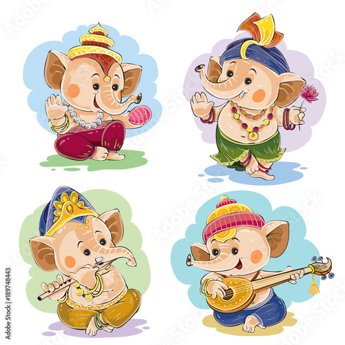 Vector cartoon illustration of little baby Ganesha, indian god of wisdom and prosperity, in traditional indian clothes. Set of cute elephant characters, dance and play on musical national instruments