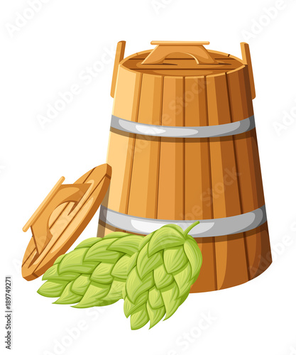 Wooden barrel with handles and lid for hebs and hops vector illustration isolated on white background website page and mobile app design