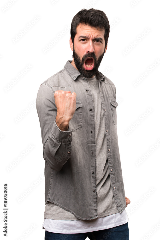 Lucky handsome man with beard on white background Lucky handsome man with beard on white background
