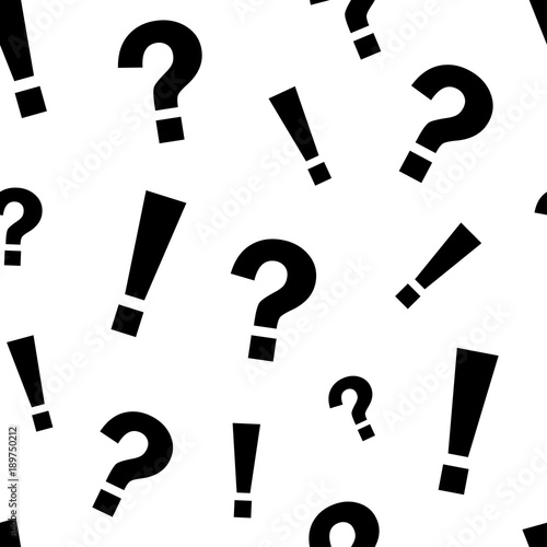 Seamless pattern with black exclamation mark and question mark on white background. Vector illustration