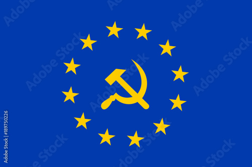 European Union as socialist and leftist institution. Vector illustration of hammer and sickle on blue field with yellow stars.