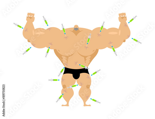 Bodybuilder and Syringe with steroids. Sport dope. Injection of Anabolic. Great strong chemical sportsman