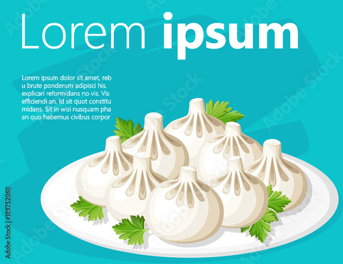Khinkali georgian dumplings with herb on plate ector illustration isolated on turquoise background with place for your text website page and mobile app design