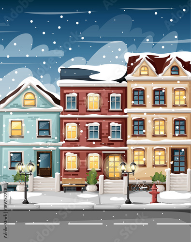 Snow-covered street with colorful houses fire hydrant lights bench and bushes in vases cartoon style vector illustration website page and mobile app design