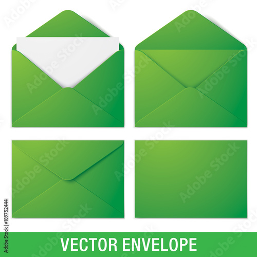 Set of green vector envelopes in different views, isolated on a white background. Realistic green vector envelope mockups.