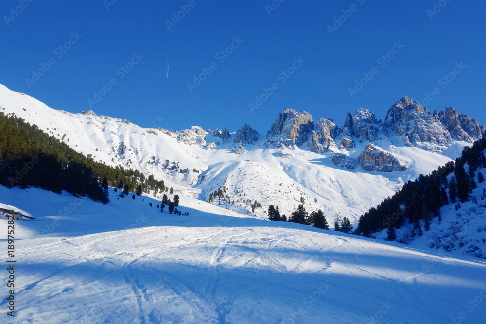 Kalkkoegel mountains snowy panorama during winter in Kemater Alm, near Innsbruck, Tirol, Alps, Austria