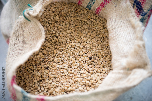 Bag of unroasted coffee beans, Medellin