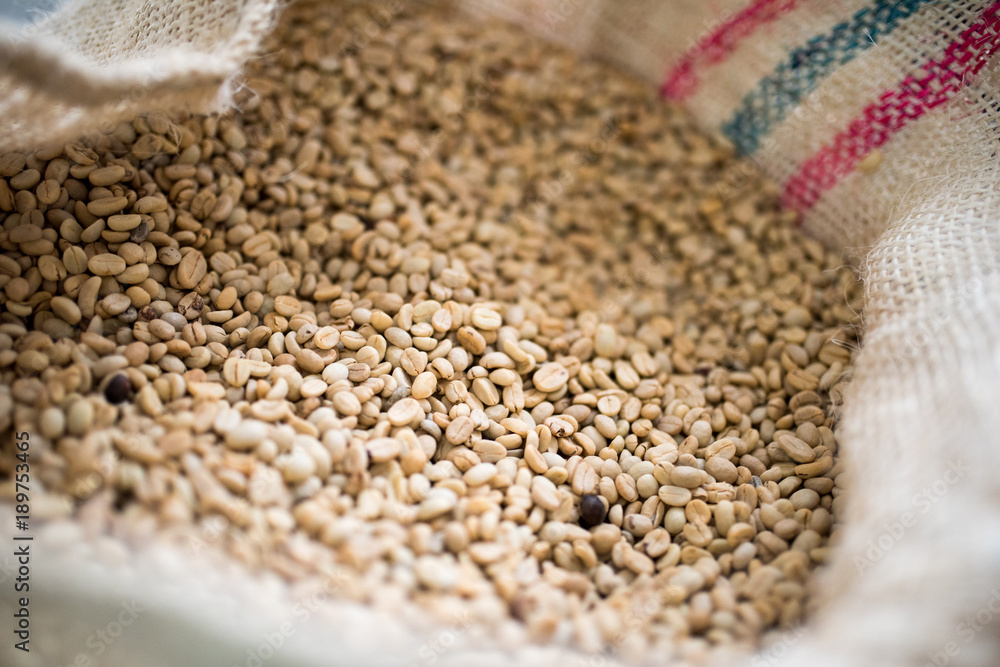 Bag of unroasted coffee beans, Medellin Bag of unroasted coffee beans, Medellin