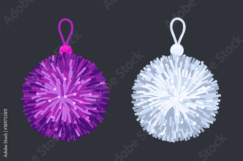 soft pompon balls. vector illustration of a violet and silver pendant