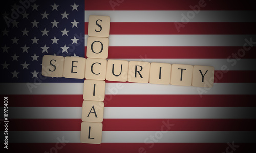 USA Politics News Concept: Letter Tiles Social Security On US Flag, 3d illustration