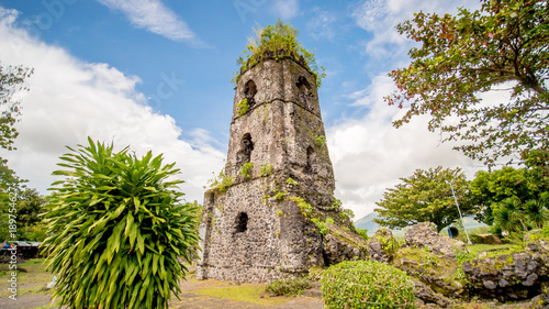 Cagsawa church ruins with Mount Mayon volcano in the background, Legazpi, Philippines photo