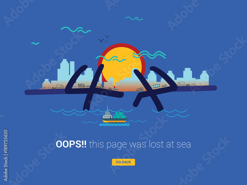 Blue 404 error page template for website. 404 alert flat design