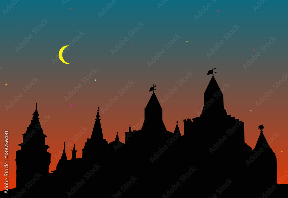 silhouette of the medieval city against the background of sunrise and the night sky
