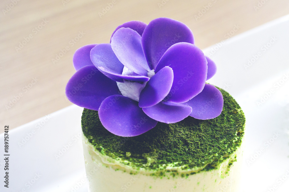 exquisite, delicious light and soft dessert with green tea, chocolate flowers and an ice cream ball on a white plate exquisite, delicious light and soft dessert with green tea, chocolate flowers and an ice cream ball on a white plate