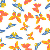 Seamless pattern of flying butterflies blue yellow and orange colors vector illustration on white background website page and mobile app design