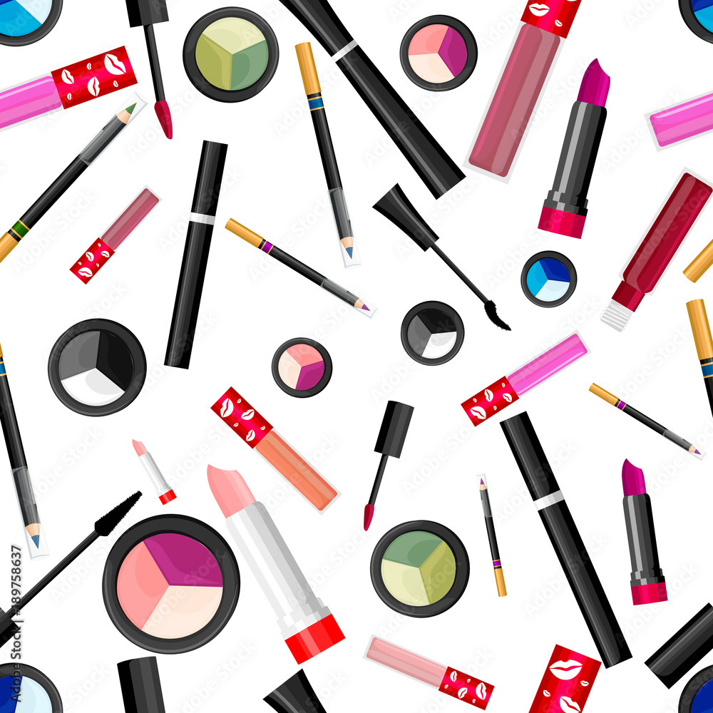 Seamless pattern of makeup mascara tube and lipstick lip gloss vector illustration on white background website page and mobile app design Seamless pattern of makeup mascara tube and lipstick lip gloss vector illustration on white background website page and mobile app design