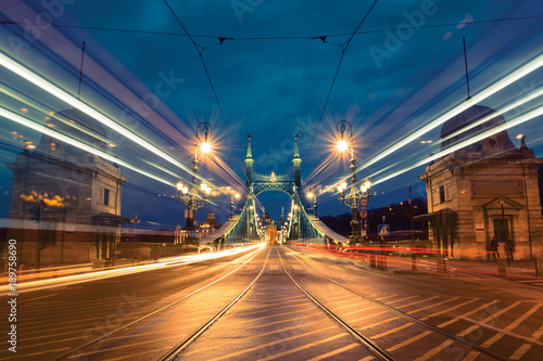 Night traffic light trails on Liberty bridge, Budapest