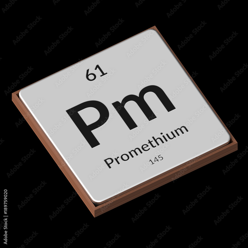 Chemical Element Promethium Embossed Metal Plate on a Black Background