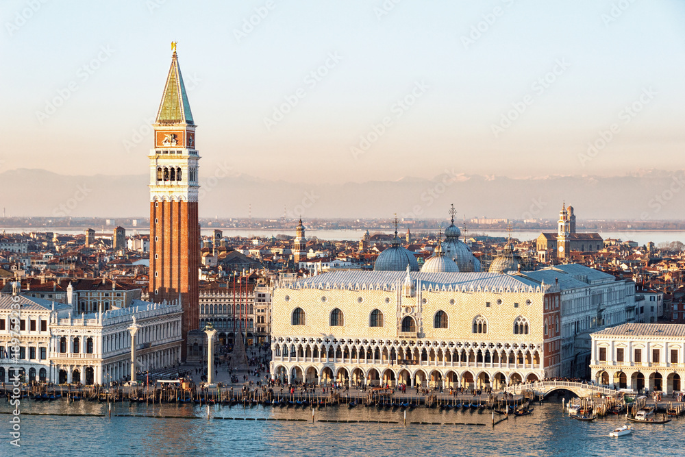 Aerial view of San Marco in Venice with the Doges' Palace and the bell tower in sunset