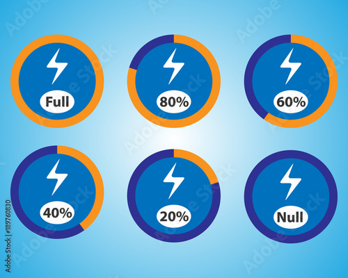 Set of energy quantity indicators icons. Vector blue charge indicators. Round vector elements.