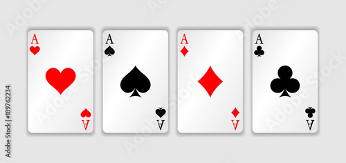Set of four aces playing cards suits. Winning poker hand. Set of hearts, spades, clubs and diamonds ace