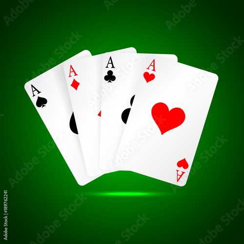 Set of four aces playing cards suits. Winning poker hand. Set of hearts, spades, clubs and diamonds ace