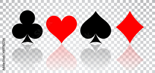 Billede på lærred Set of hearts, spades, clubs and diamonds with reflection on transparent backgro