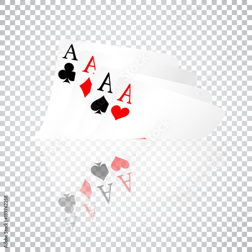 Set of four aces playing cards suits. Winning poker hand. Set of hearts, spades, clubs and diamonds ace with reflection on transparent background