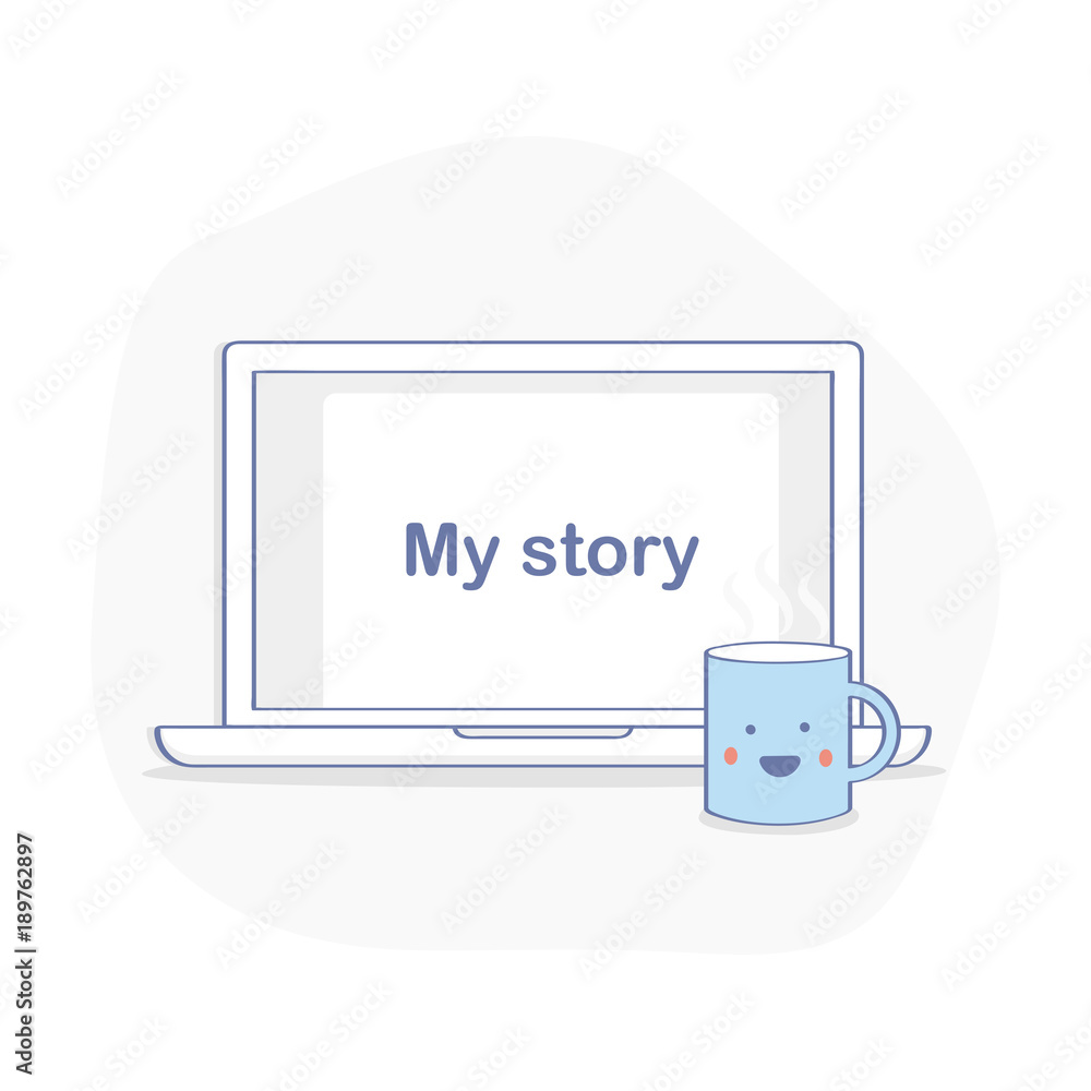 Writer writing his story vector illustration, flat cartoon laptop with  white sheet with text 