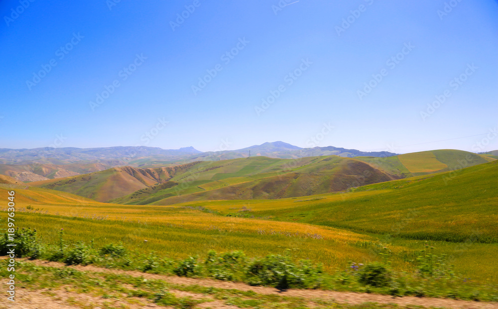 Rural landscape. Green hills, blue sky