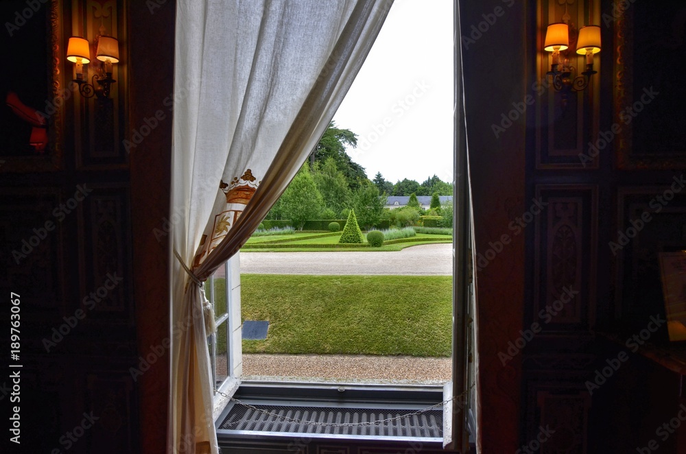 Cheverny, Loire Valley, France. 26 June 2017. View from the interior of the castle towards the gardens.