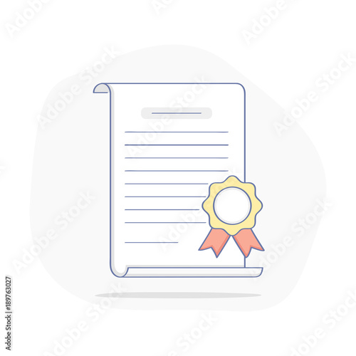 Degree, certificate, contract, graduate degree, charter, license, quality icon, diploma, award or achievement with stamp. Flat outline vector concept on white.
