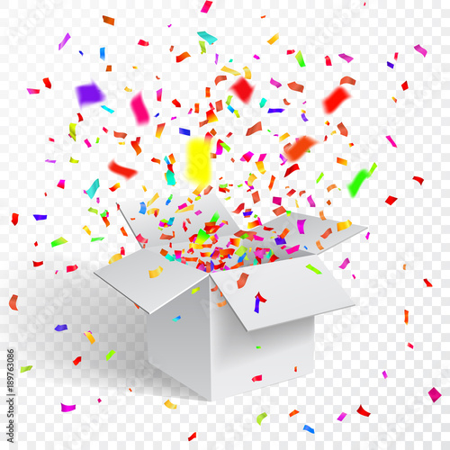 Open Gift Box and Confetti. Christmas Background. Vector Illustration