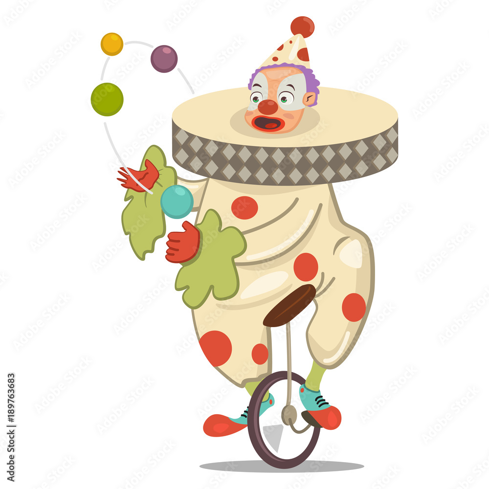 Circus clown juggling on a unicycle. Vector cartoon character isolated on a  white background. Stock Vector | Adobe Stock