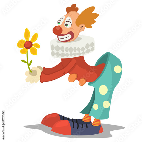 Circus clown with flower. Vector cartoon character isolated on a white background.