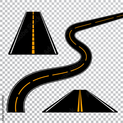 Winding curved road or highway with markings. Direction, transportation set. Vector illustration