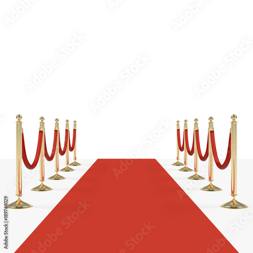 Red carpet with red ropes on golden stanchions