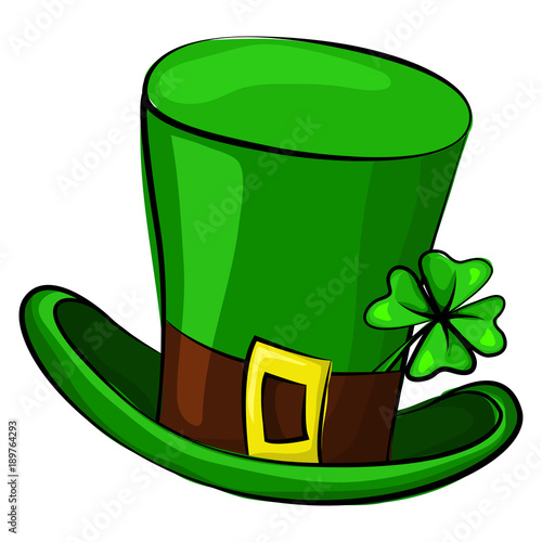 St. Patrick's Day leprechaun hat with four leaf clover. Vector cartoon illustration isolated on white background. Symbols of the Irish holiday.