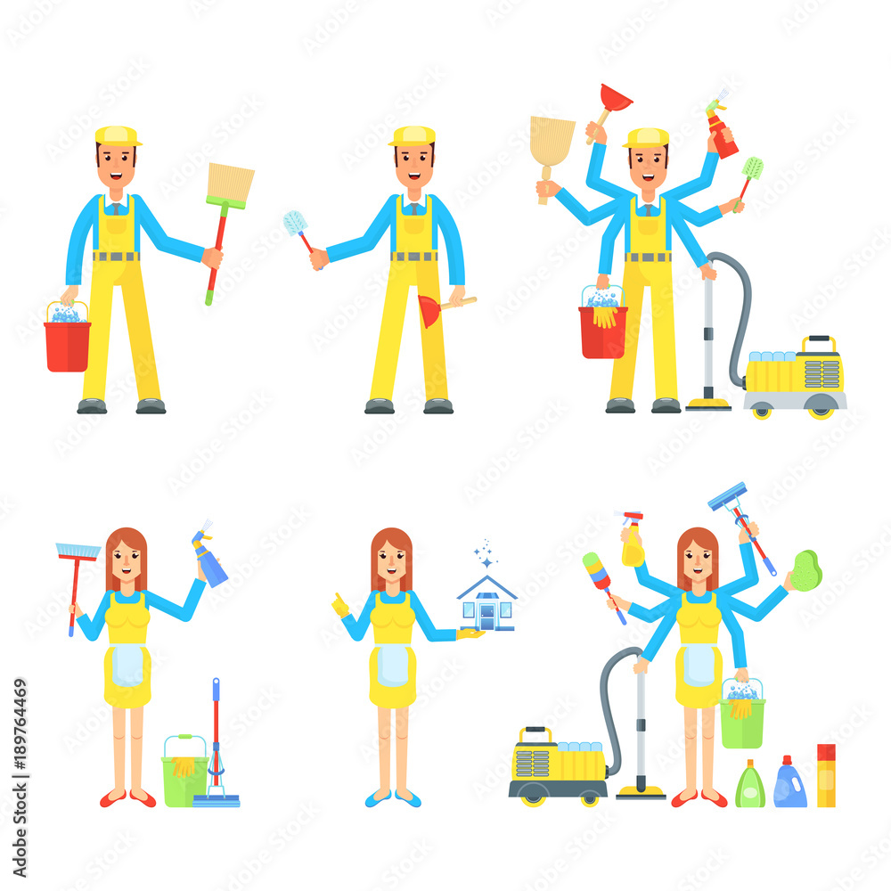 Cleaning service. Man and woman in uniform, clean tools. Vacuum cleaner and ladder, mop and bucket. Flat vector cartoon illustration. Objects isolated on white background.
