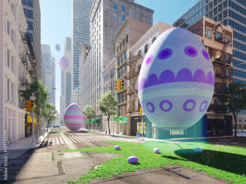 Canvas Print arrival of the easter egg in big city. 3d rendering