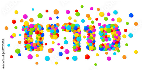  Purim carnival text with colorful rainbow colors paper confetti frame isolated on white background. Purim Jewish holiday. Vector illustration.