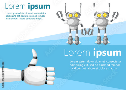 Thumbs up white robot hand or robotic arm for prosthetics and two friendly robots vector illustration on white and blue background with place for your text website page and mobile app design