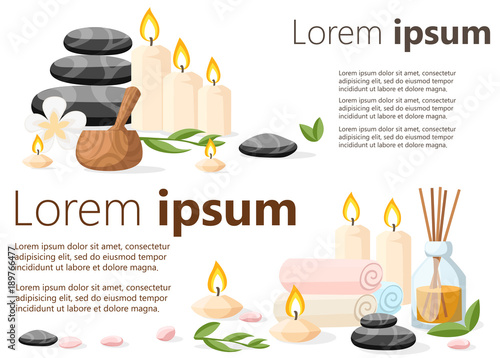 Colorfull spa tools and accessories black basalt massage stones herbs mortar rolled up towel and candles vector illustration on white and blue background with place for your text