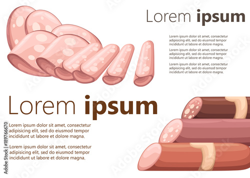 Set of different varieties of sausage and slices vector illustration on white background with place for your text website page and mobile app design